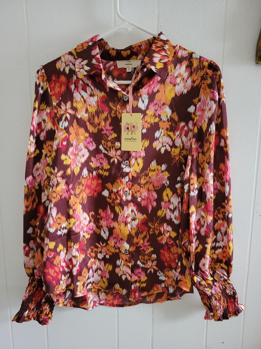 Entro Floral Button-Front Long-Sleeve Blouse - Brown/Pink/Yellow